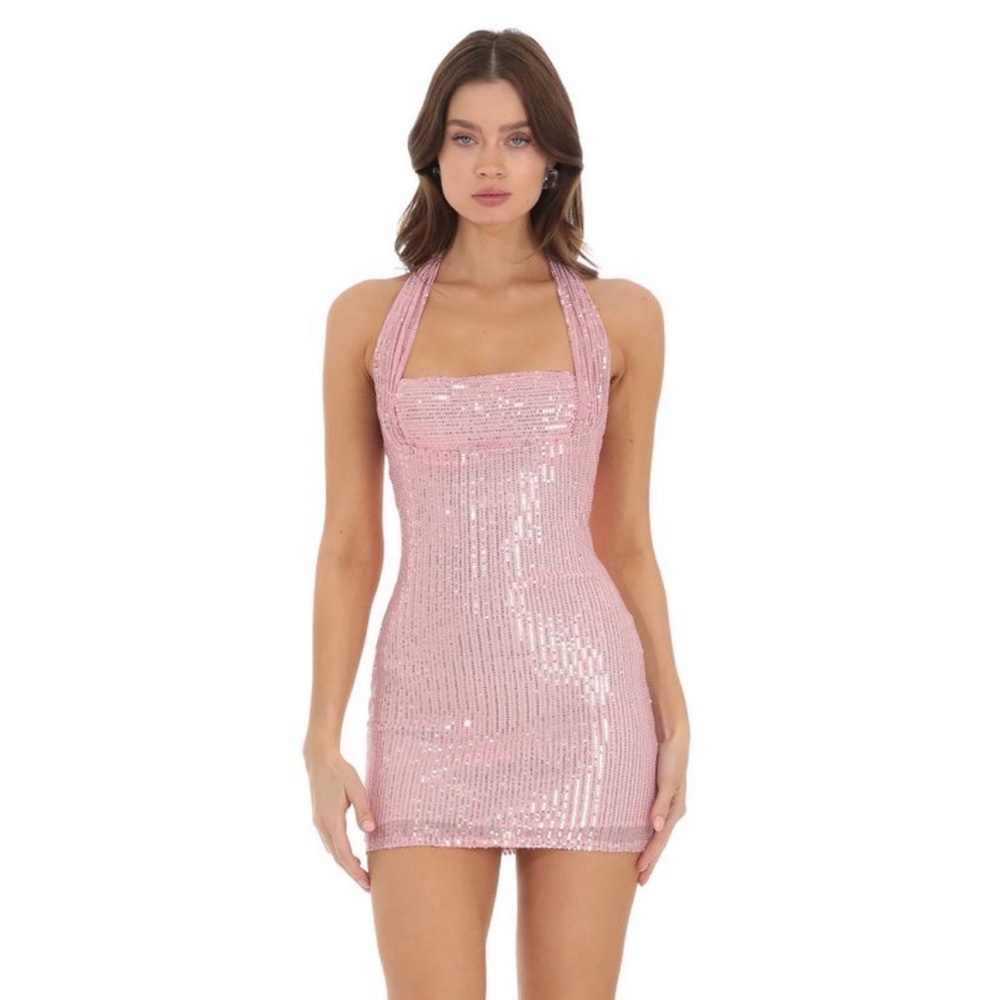 Pink sequin, halter top dress.